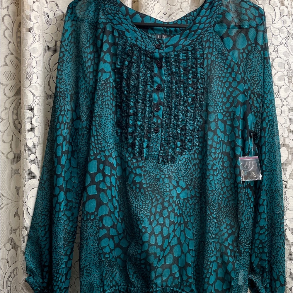 Madison Teal Sheer Textured Blouse New